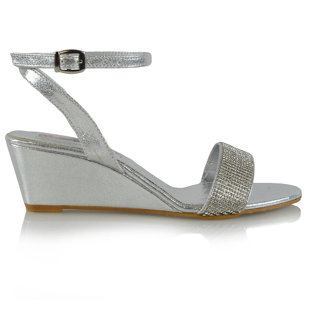 REAGAN DIAMANTE SPARKLY FRONT STRAP BUCKLE DETAIL SANDAL WEDGE LOW HEELS IN SILVER - Image 10