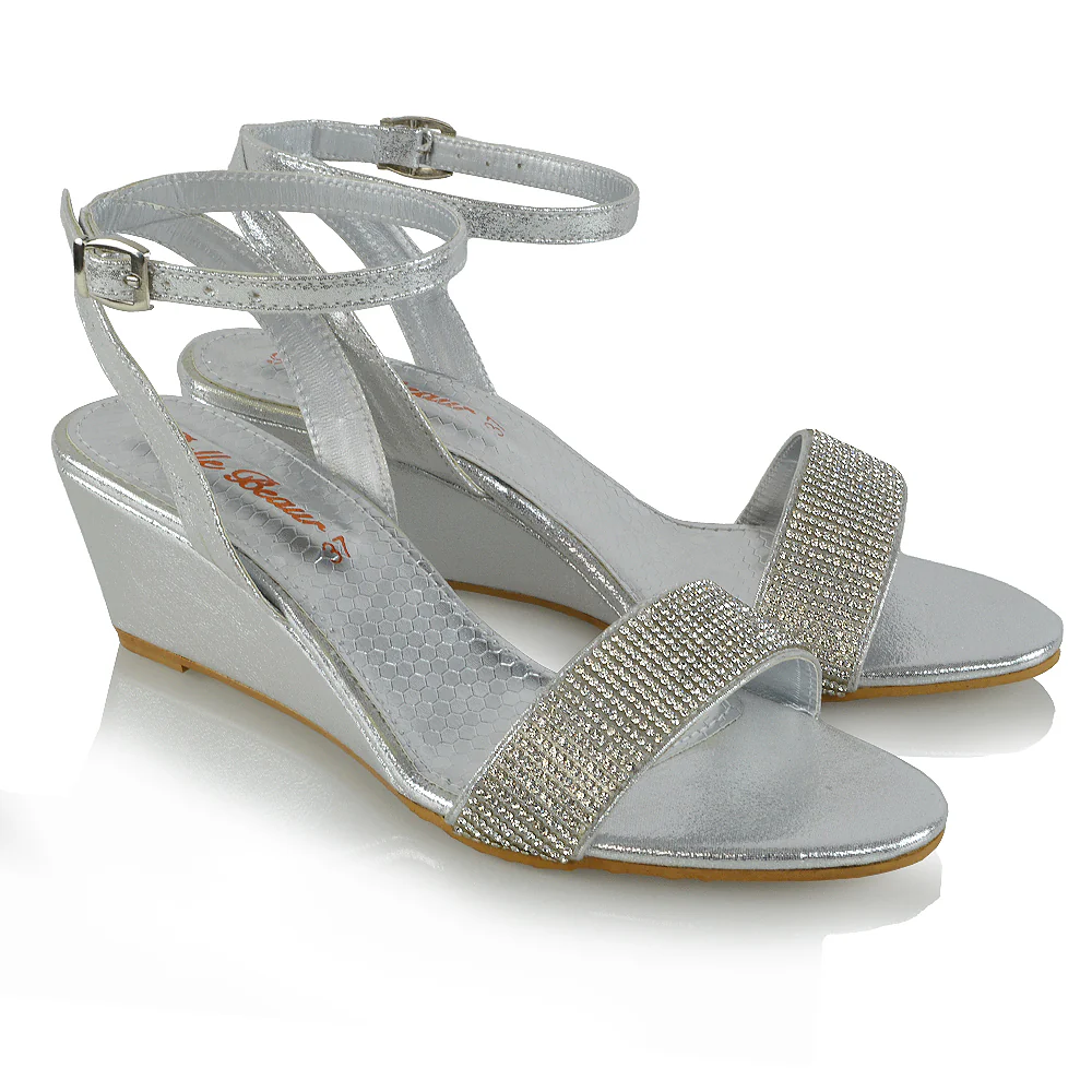 REAGAN DIAMANTE SPARKLY FRONT STRAP BUCKLE DETAIL SANDAL WEDGE LOW HEELS IN SILVER - Image 17