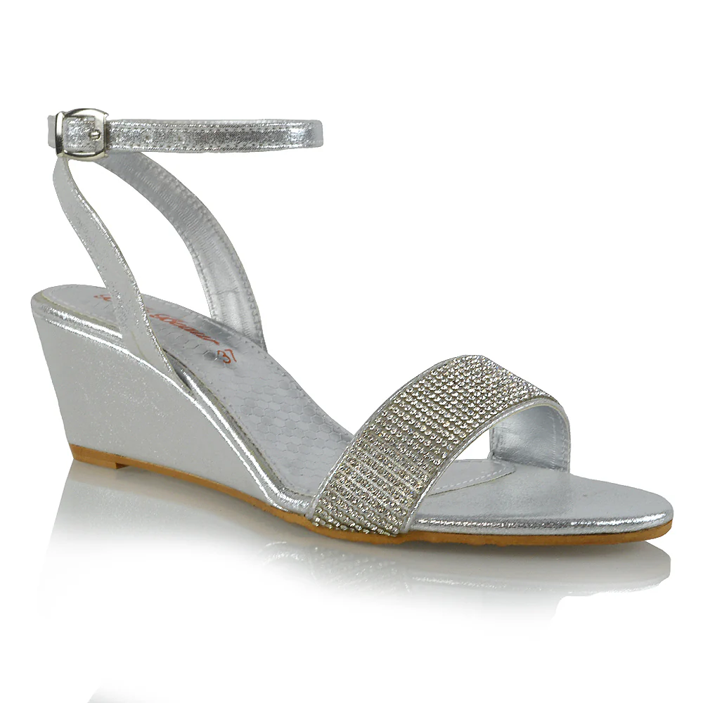 REAGAN DIAMANTE SPARKLY FRONT STRAP BUCKLE DETAIL SANDAL WEDGE LOW HEELS IN SILVER - Image 9