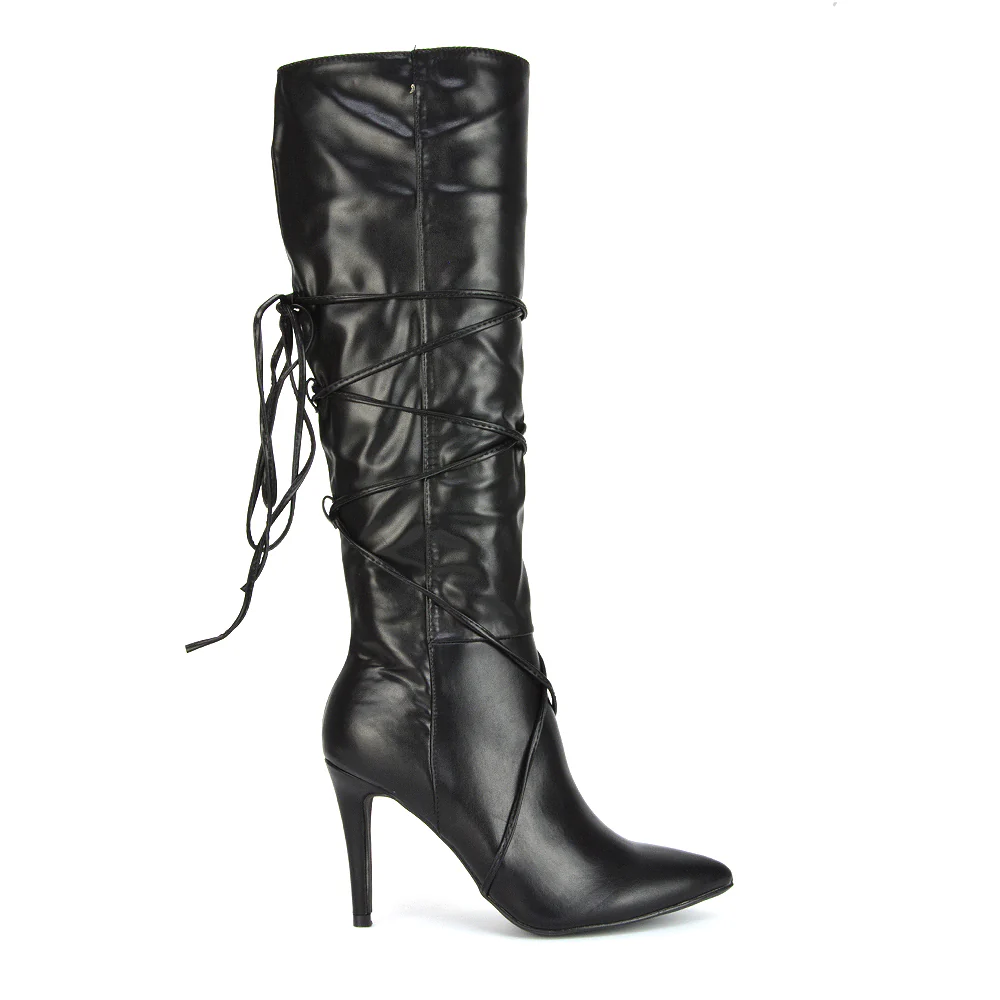Rebel Pointed Toe Stiletto High Heeled Lace Up Knee High Long Boots in Black Synthetic Leather - Image 14