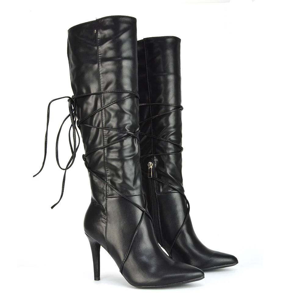 Rebel Pointed Toe Stiletto High Heeled Lace Up Knee High Long Boots in Brown Synthetic Leather - Image 13