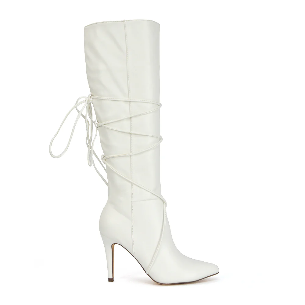 Rebel Pointed Toe Stiletto High Heeled Lace Up Knee High Long Boots in Brown Synthetic Leather - Image 26