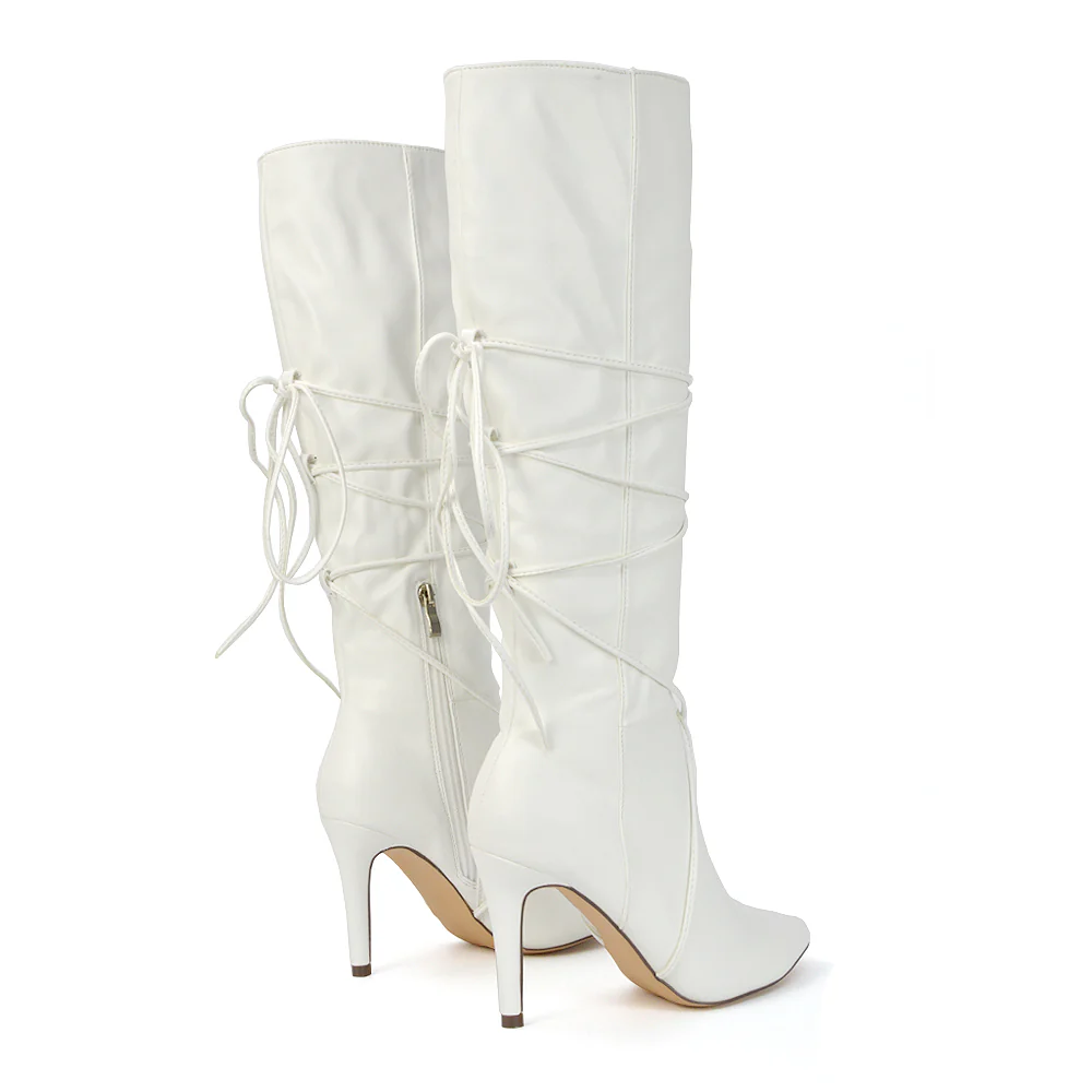 Rebel Pointed Toe Stiletto High Heeled Lace Up Knee High Long Boots in Brown Synthetic Leather - Image 27