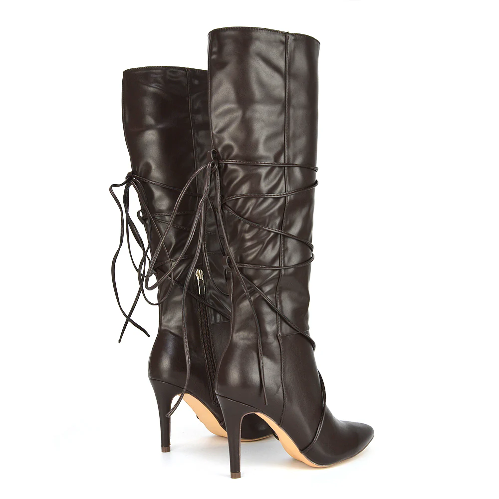 Rebel Pointed Toe Stiletto High Heeled Lace Up Knee High Long Boots in Brown Synthetic Leather - Image 45