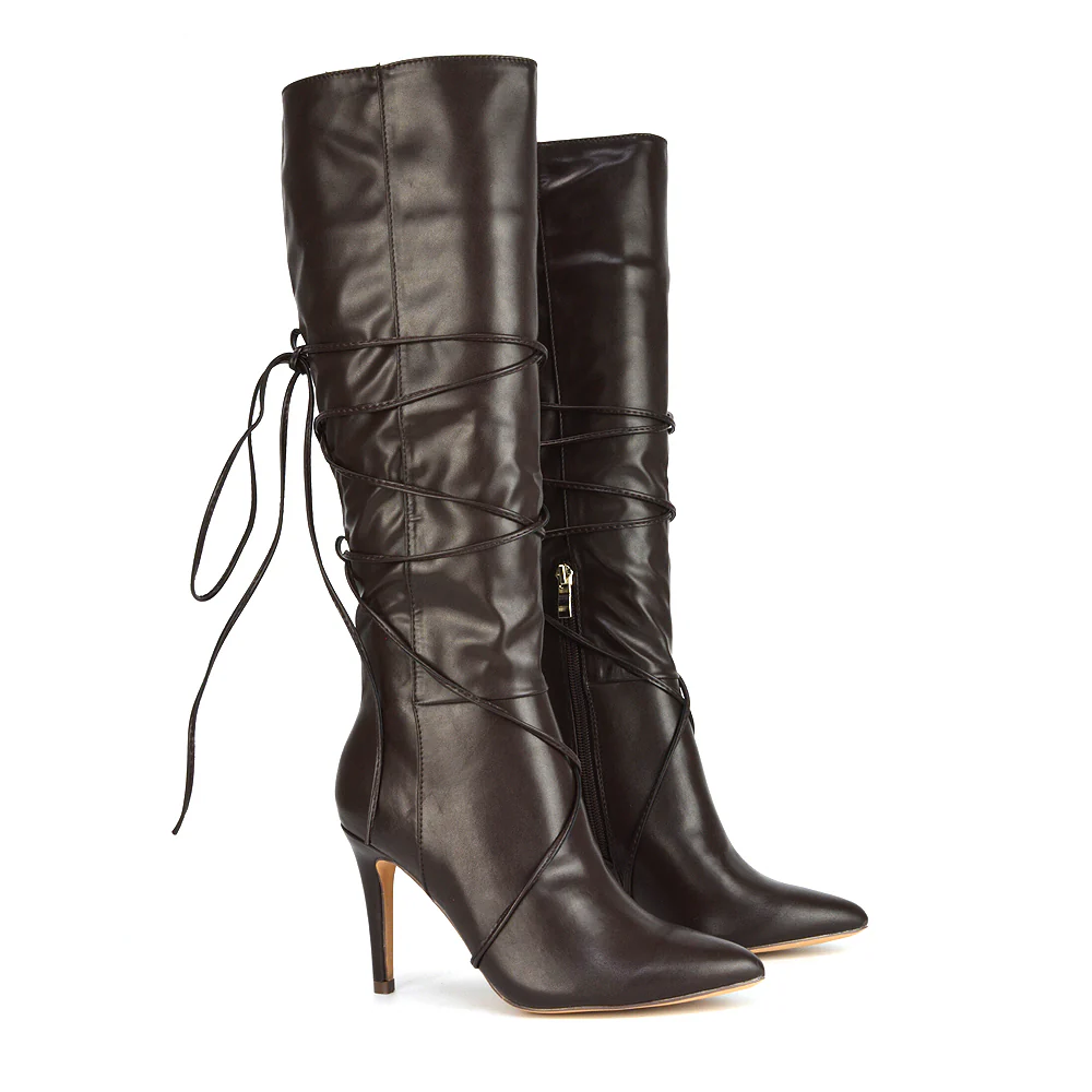 Rebel Pointed Toe Stiletto High Heeled Lace Up Knee High Long Boots in Brown Synthetic Leather - Image 52