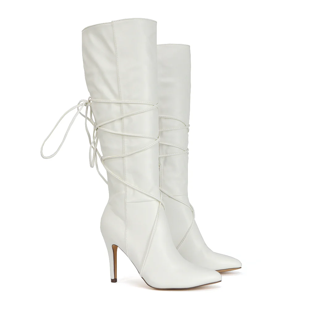 Rebel Pointed Toe Stiletto High Heeled Lace Up Knee High Long Boots in White Synthetic Leather - Image 25