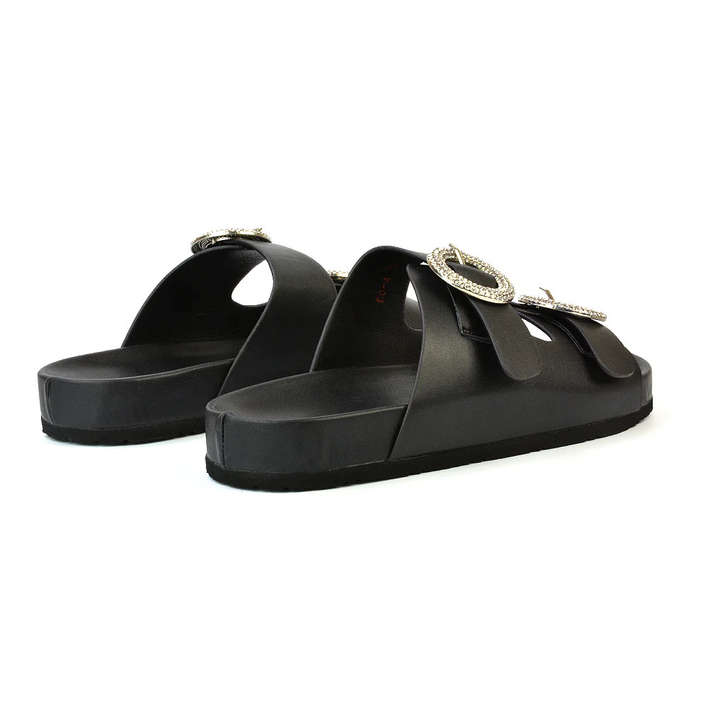 Reggie Double Strap Diamante Slip On Flat Sandals Sliders in Black - Image 12