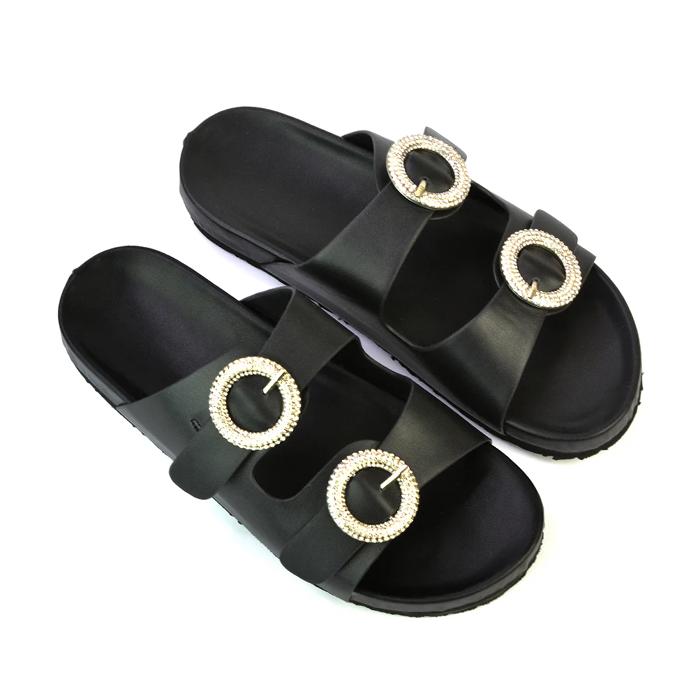 Reggie Double Strap Diamante Slip On Flat Sandals Sliders in Black - Image 26