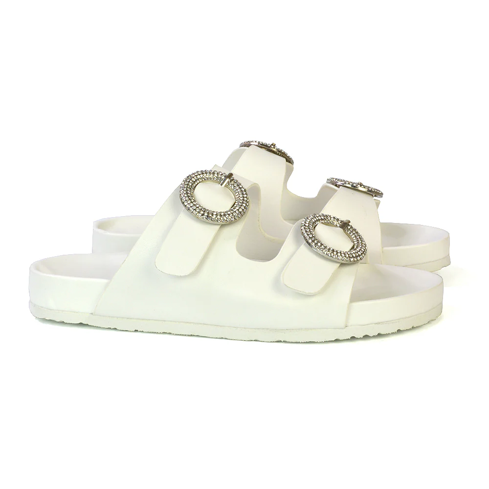 Reggie Double Strap Diamante Slip On Flat Sandals Sliders in Black - Image 55