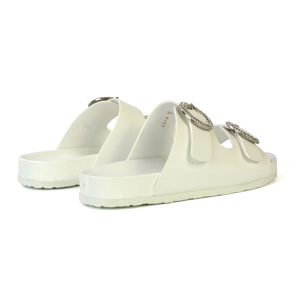 Reggie Double Strap Diamante Slip On Flat Sandals Sliders in Black - Image 62