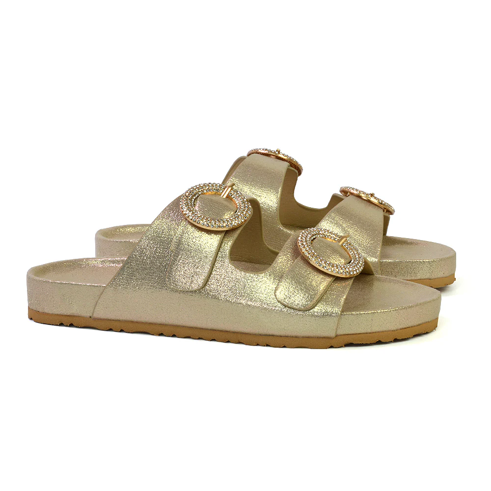 Reggie Double Strap Diamante Slip On Flat Sandals Sliders in Gold - Image 115