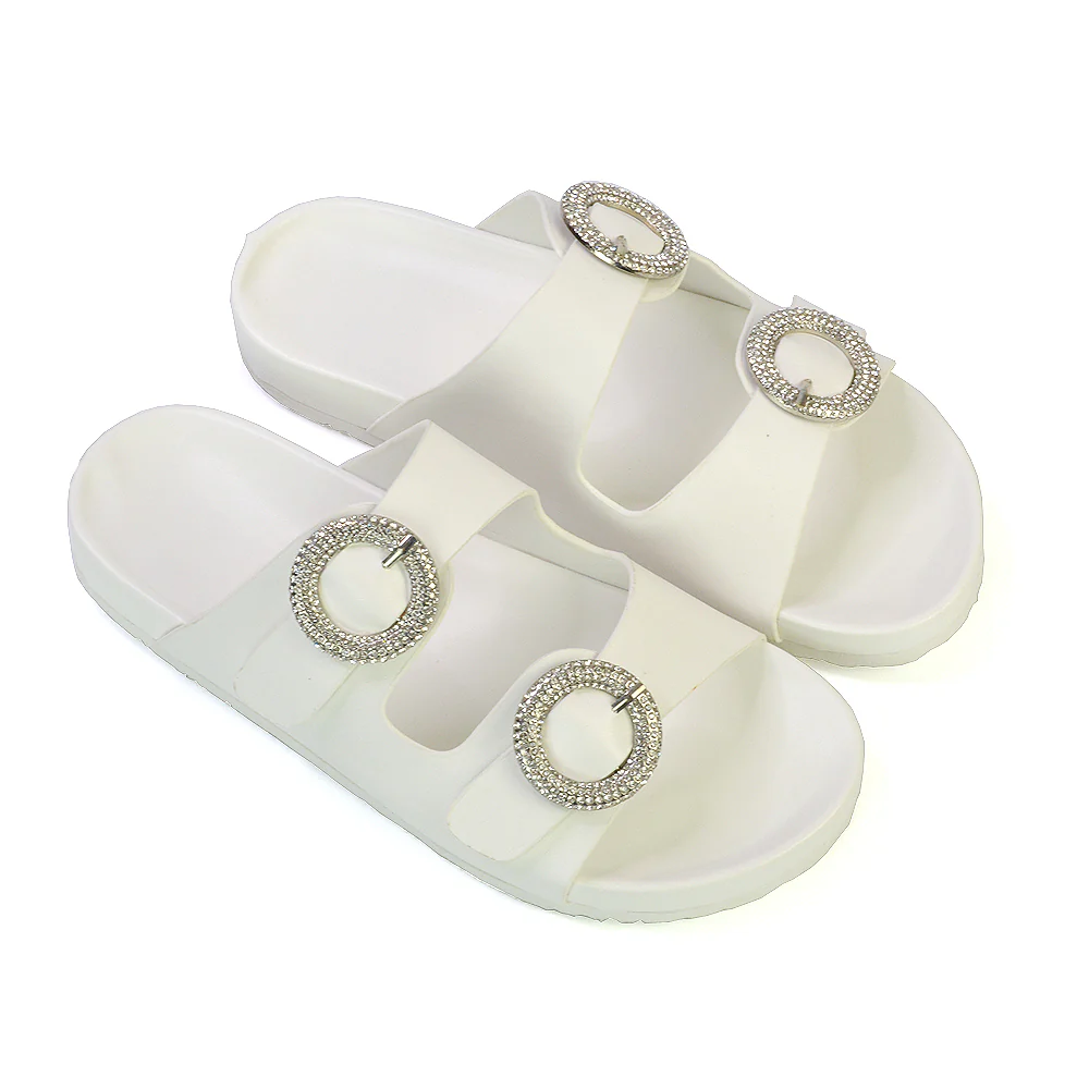 Reggie Double Strap Diamante Slip On Flat Sandals Sliders in Gold - Image 61