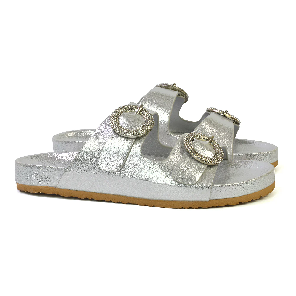 Reggie Double Strap Diamante Slip On Flat Sandals Sliders in Gold - Image 70
