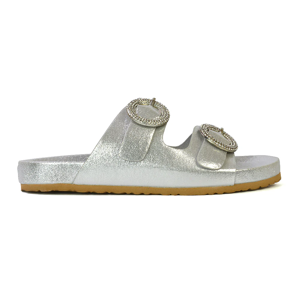 Reggie Double Strap Diamante Slip On Flat Sandals Sliders in Gold - Image 93