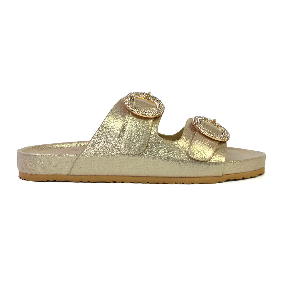 Reggie Double Strap Diamante Slip On Flat Sandals Sliders in Silver - Image 108