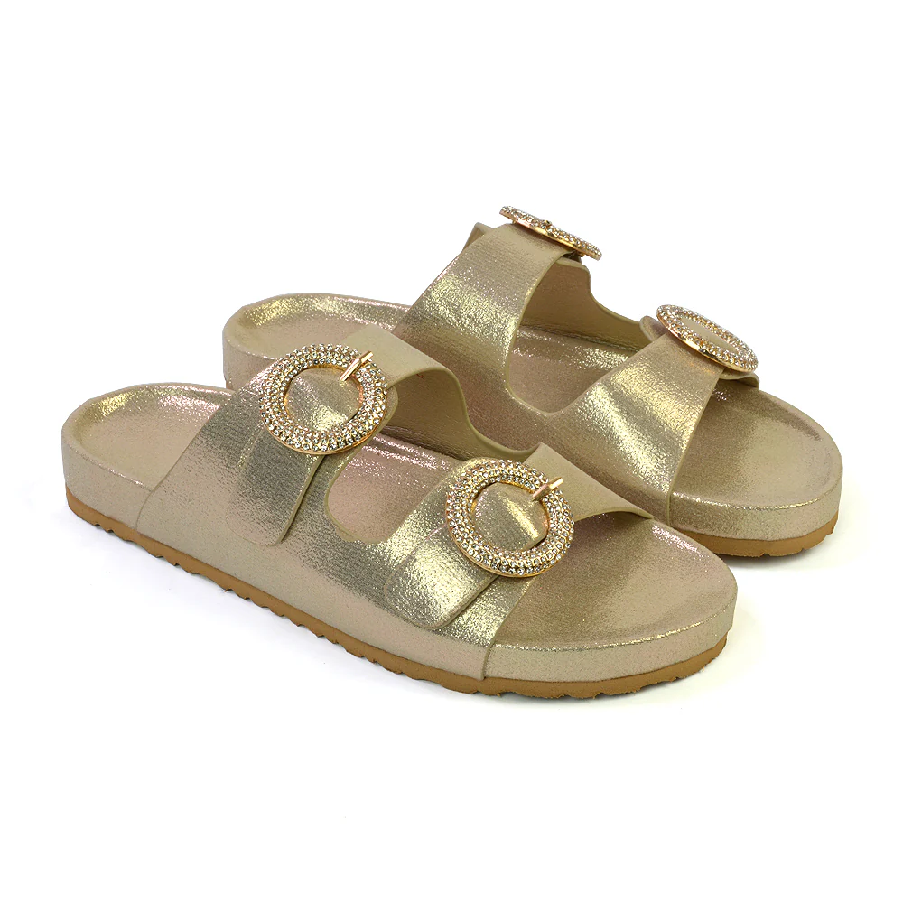 Reggie Double Strap Diamante Slip On Flat Sandals Sliders in Silver - Image 124