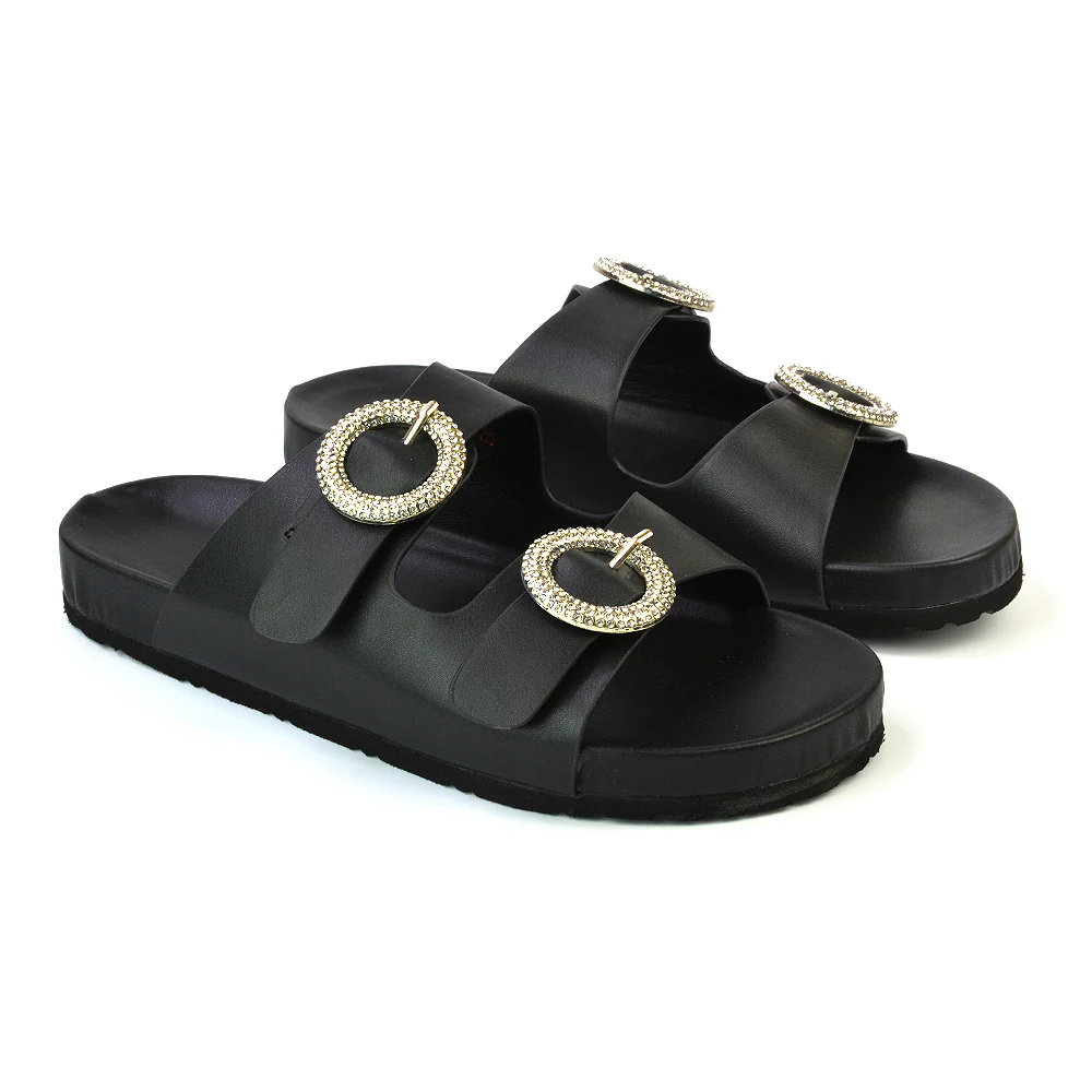 Reggie Double Strap Diamante Slip On Flat Sandals Sliders in Silver - Image 19