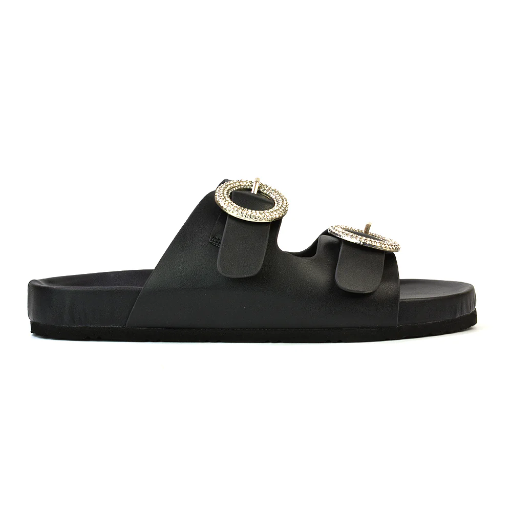 Reggie Double Strap Diamante Slip On Flat Sandals Sliders in Silver - Image 28