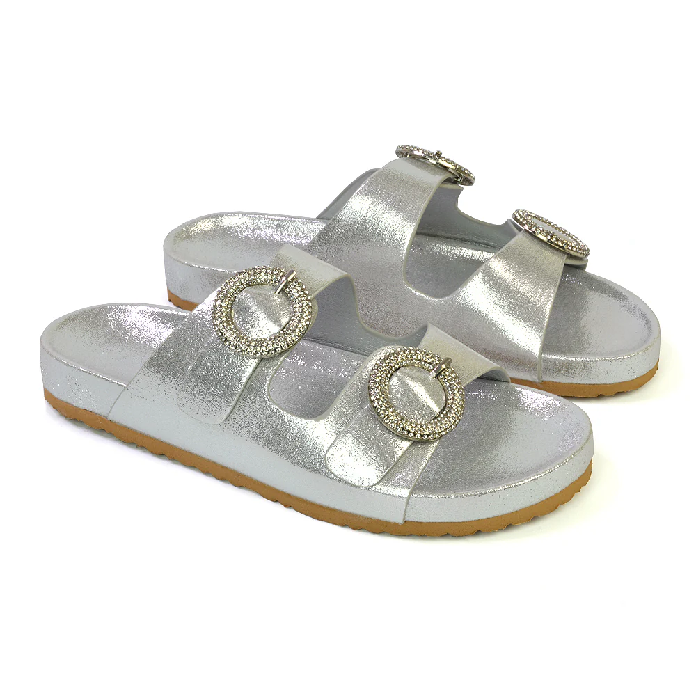 Reggie Double Strap Diamante Slip On Flat Sandals Sliders in Silver - Image 4