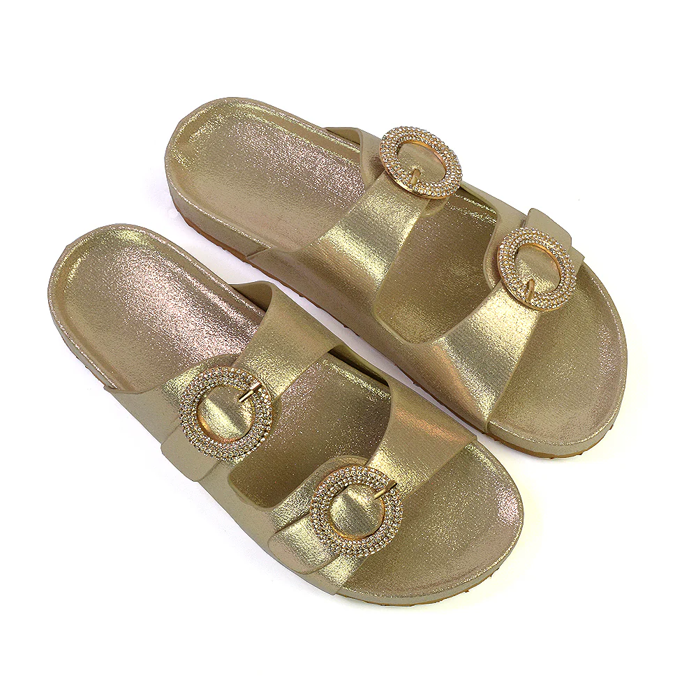 Reggie Double Strap Diamante Slip On Flat Sandals Sliders in White - Image 111