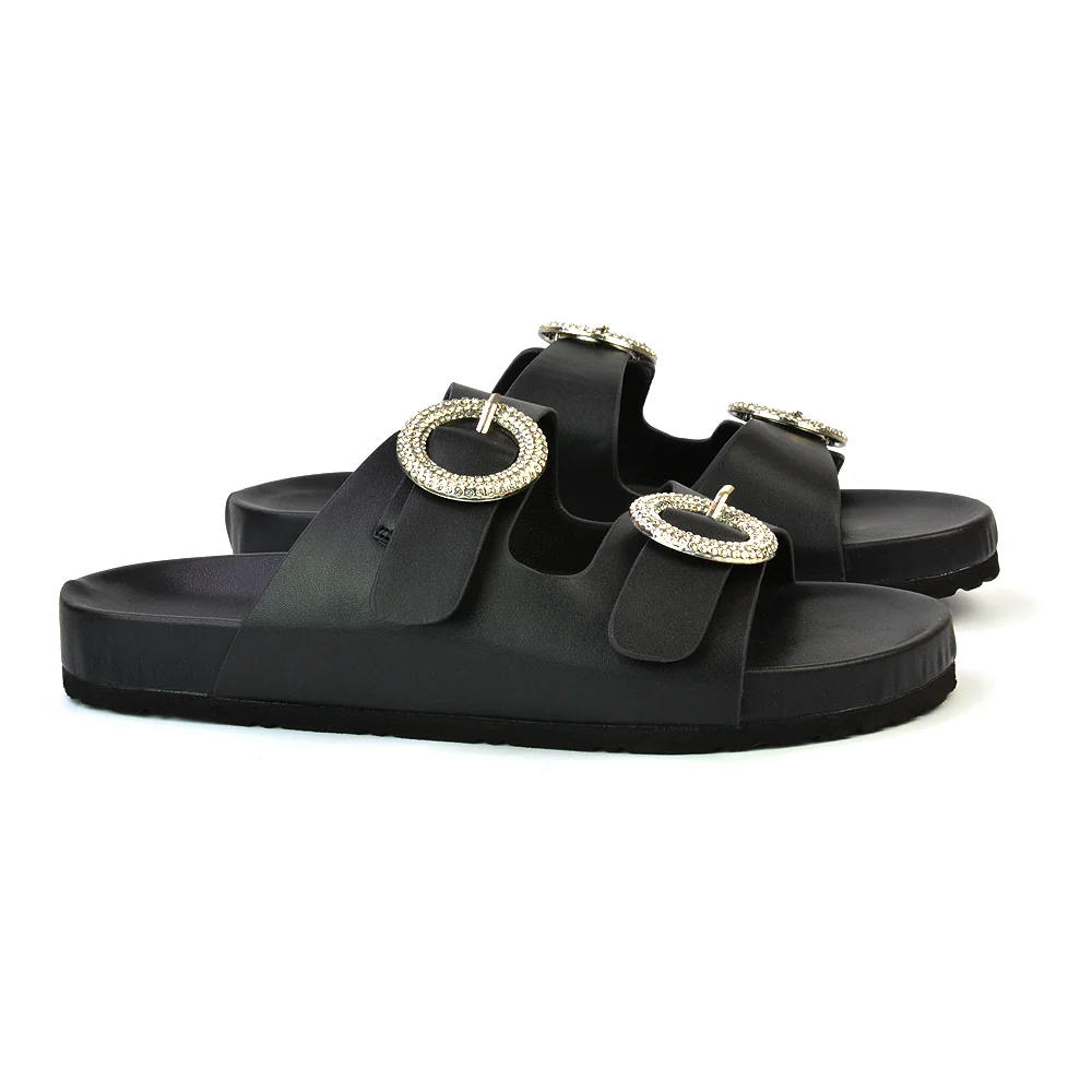 Reggie Double Strap Diamante Slip On Flat Sandals Sliders in White - Image 30