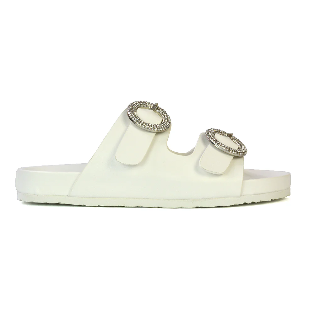 Reggie Double Strap Diamante Slip On Flat Sandals Sliders in White - Image 48