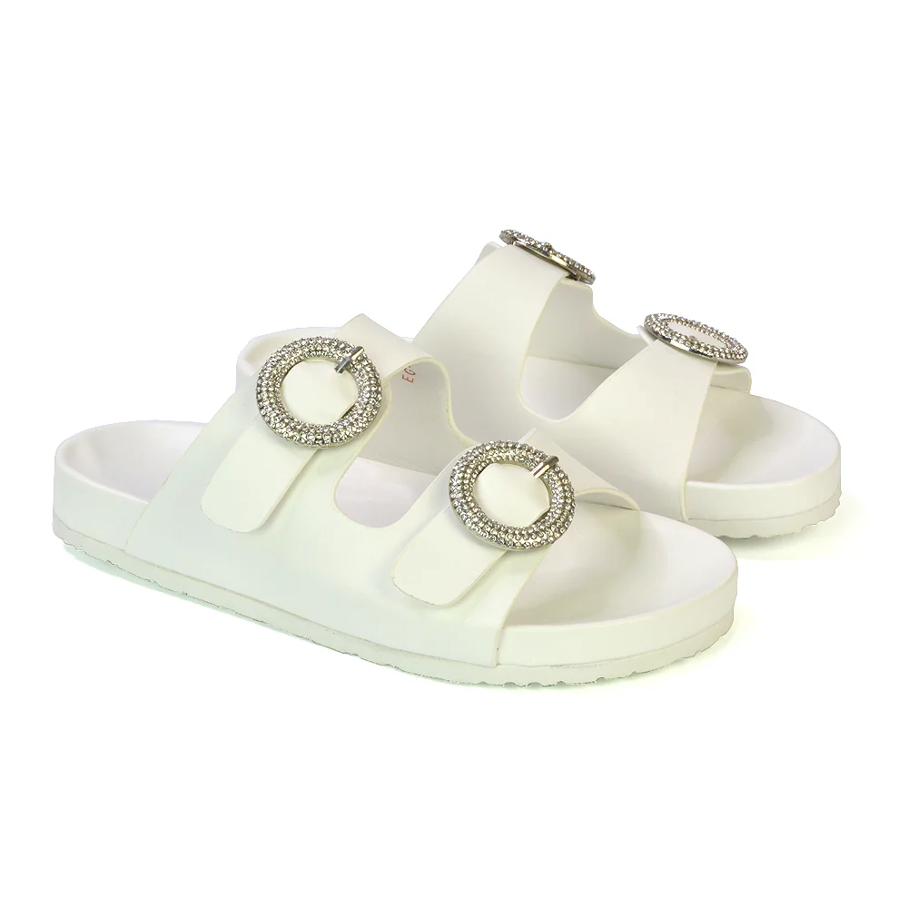 Reggie Double Strap Diamante Slip On Flat Sandals Sliders in White - Image 64