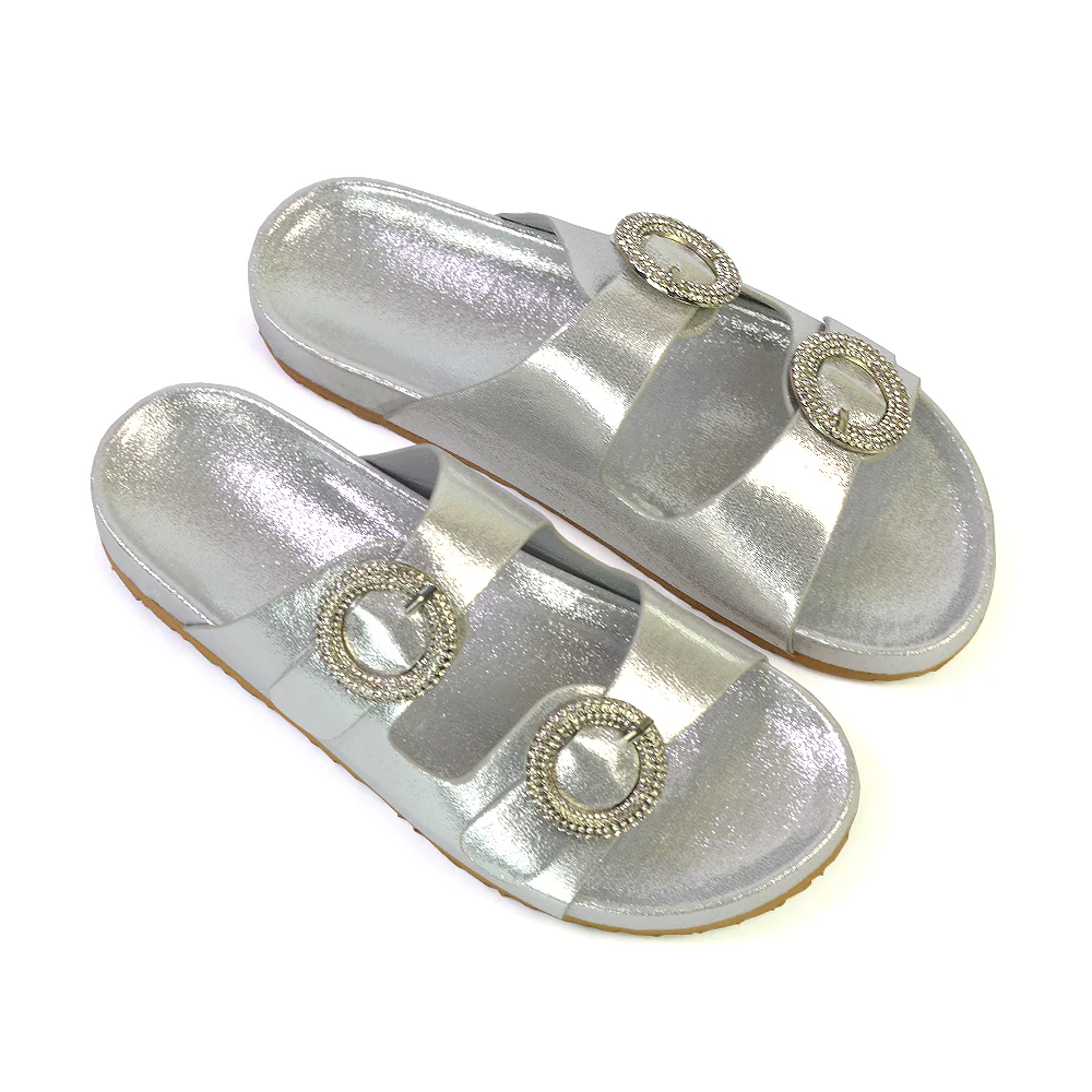 Reggie Double Strap Diamante Slip On Flat Sandals Sliders in White - Image 71