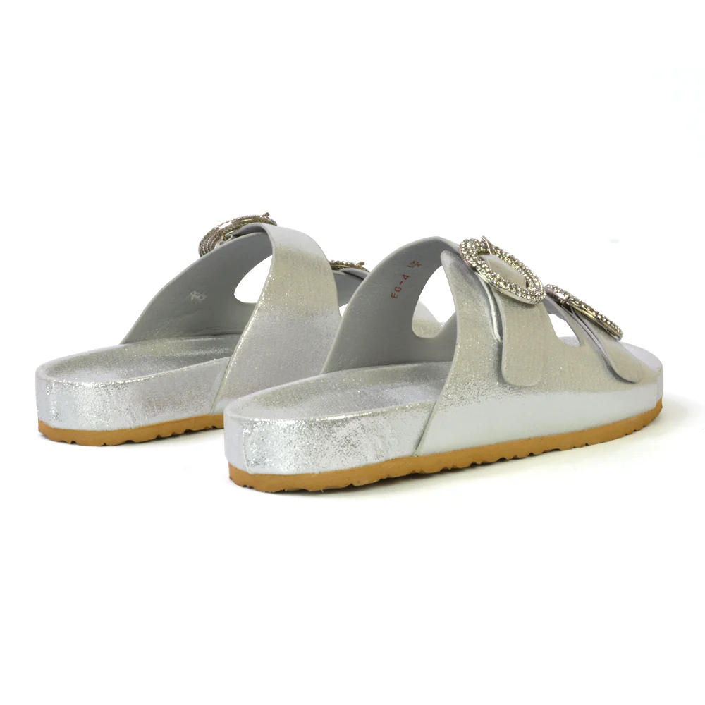 Reggie Double Strap Diamante Slip On Flat Sandals Sliders in White - Image 72