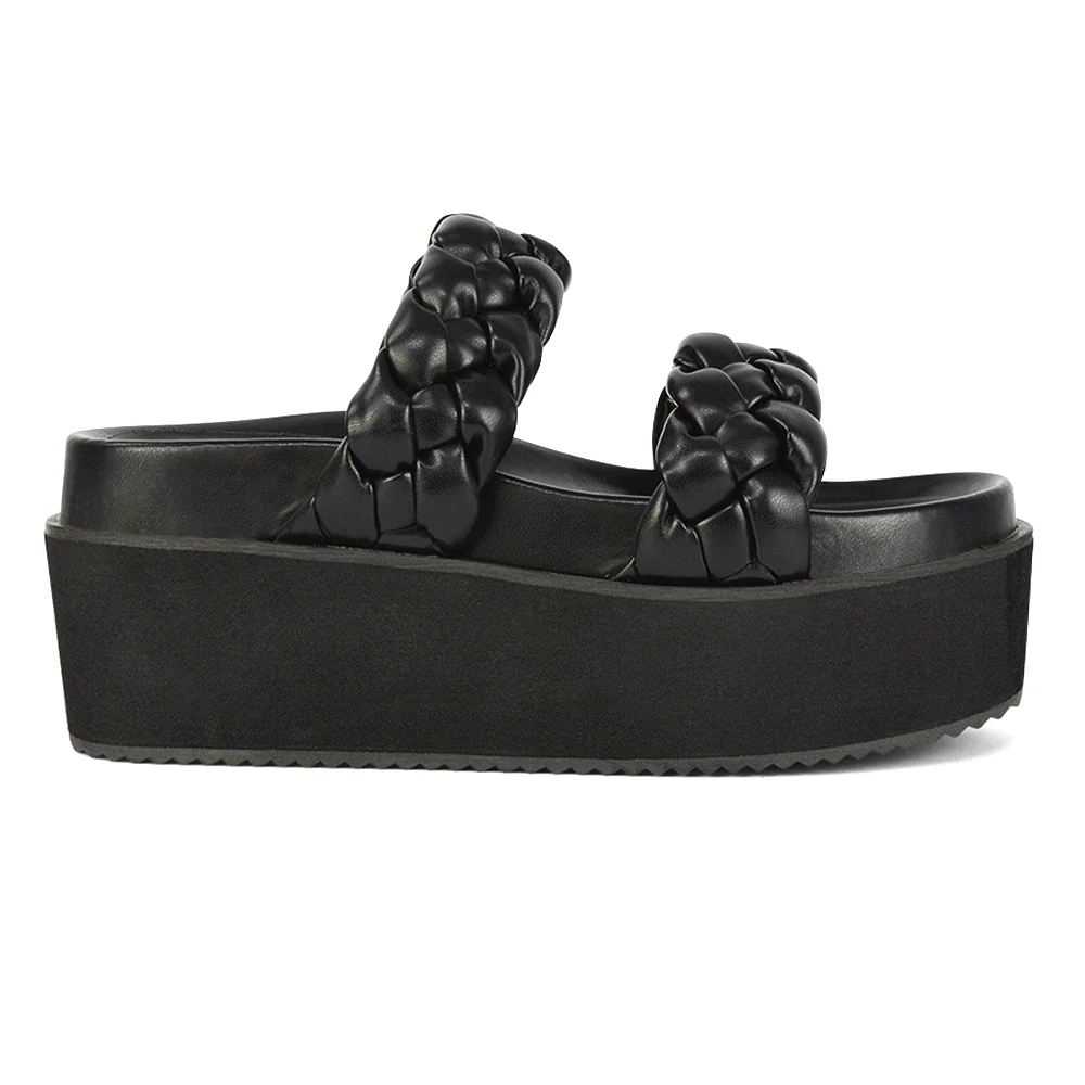 Regina Woven Double Strap Flatform Slip On Sandals in Black Synthetic Leather - Image 14