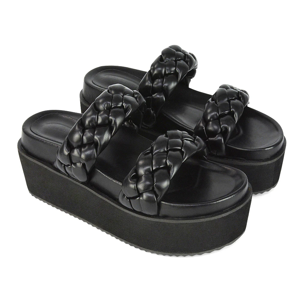 Regina Woven Double Strap Flatform Slip On Sandals in Black Synthetic Leather - Image 3