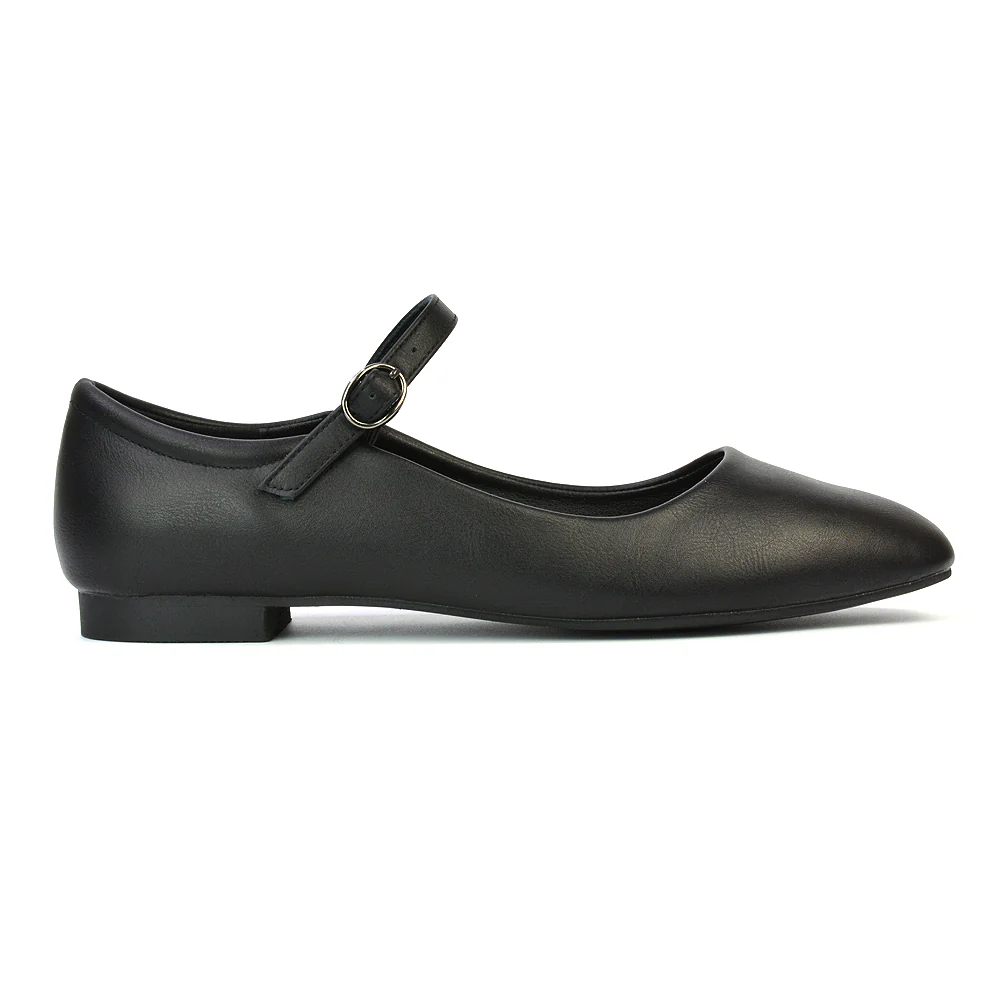 Reigan Mary Jane Square Toe Buckle Up Strappy Flats Ballerina Pumps in Black Synthetic Leather - Image 17