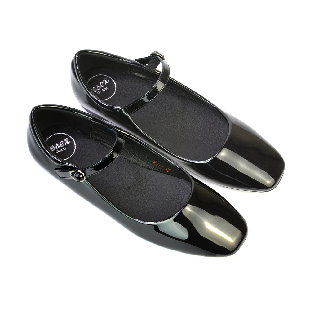 Reigan Mary Jane Square Toe Buckle Up Strappy Flats Ballerina Pumps in Black Synthetic Leather - Image 78