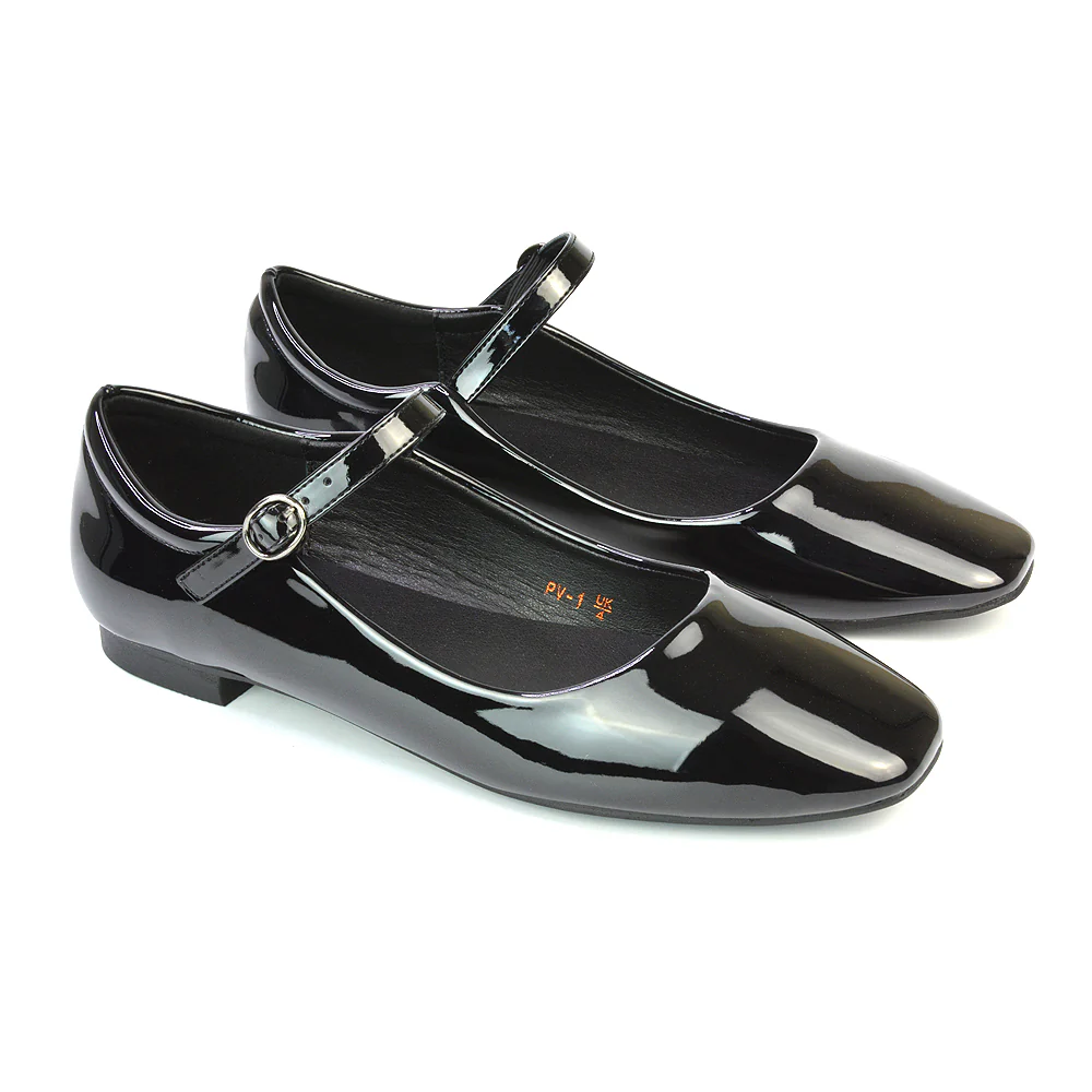 Reigan Mary Jane Square Toe Buckle Up Strappy Flats Ballerina Pumps in Black Synthetic Leather - Image 79