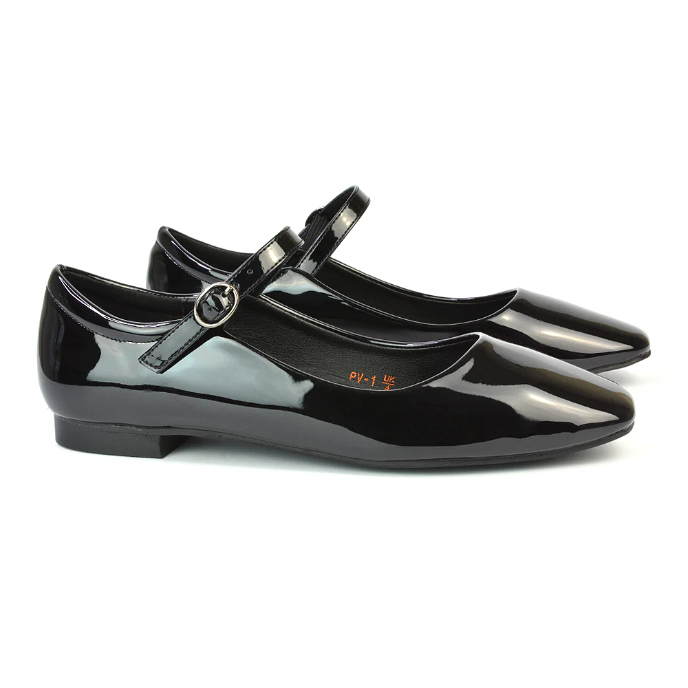 Reigan Mary Jane Square Toe Buckle Up Strappy Flats Ballerina Pumps in Black Synthetic Leather - Image 87