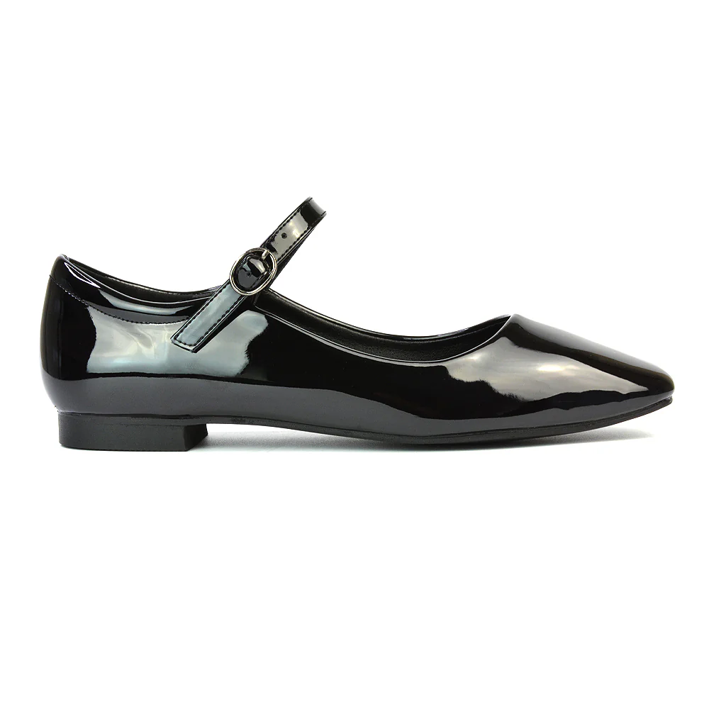 Reigan Mary Jane Square Toe Buckle Up Strappy Flats Ballerina Pumps in Black Synthetic Leather - Image 91