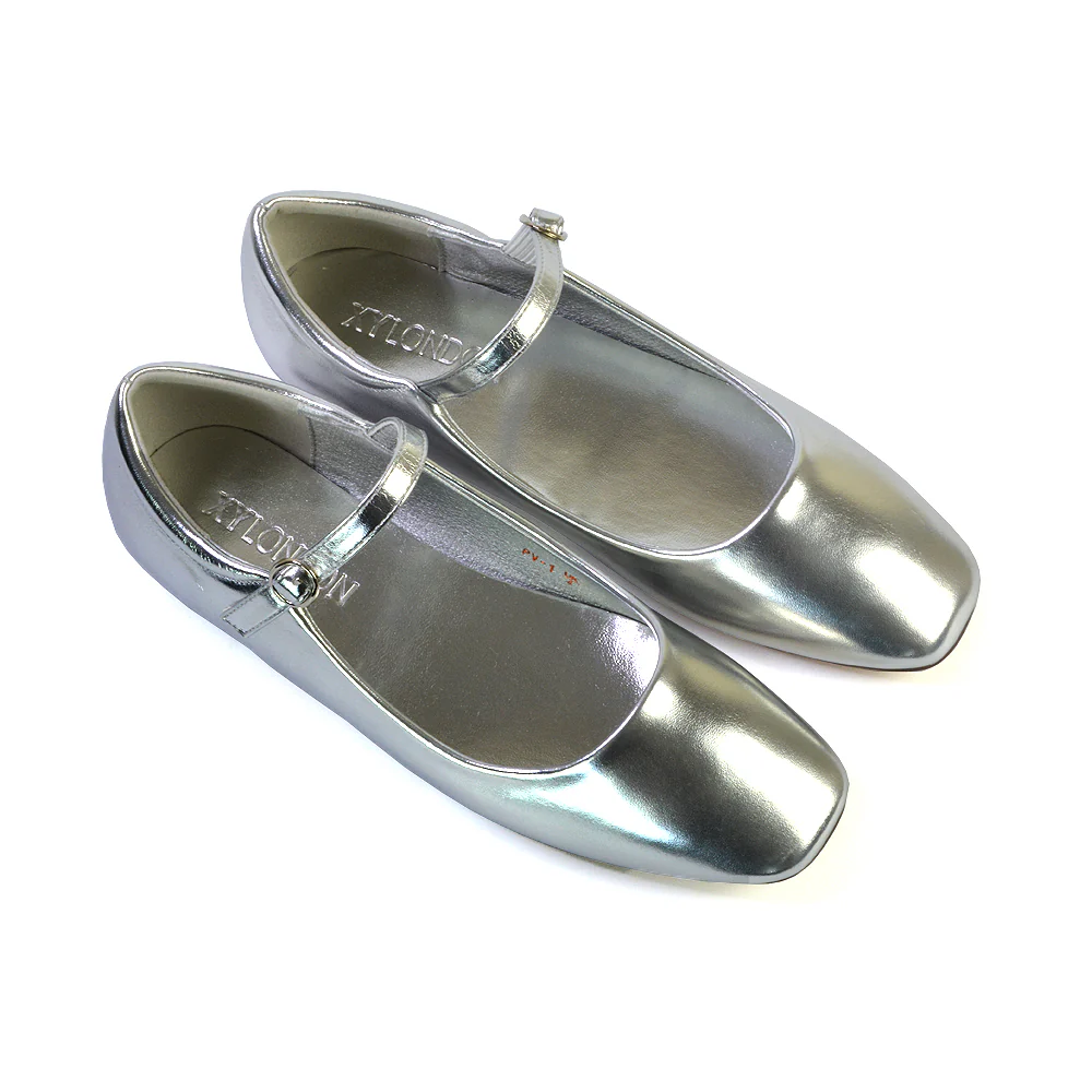 Reigan Mary Jane Square Toe Buckle Up Strappy Flats Ballerina Pumps in Silver - Image 55