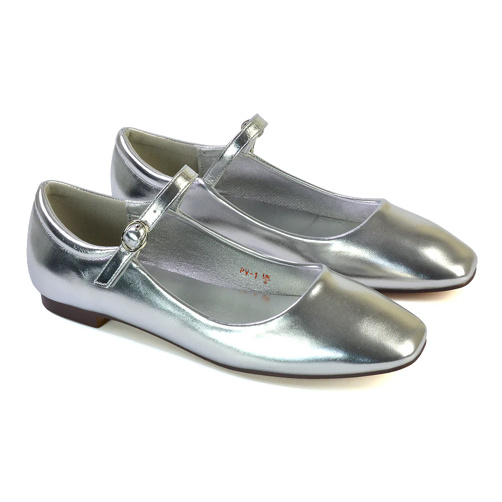 Reigan Mary Jane Square Toe Buckle Up Strappy Flats Ballerina Pumps in Silver - Image 57
