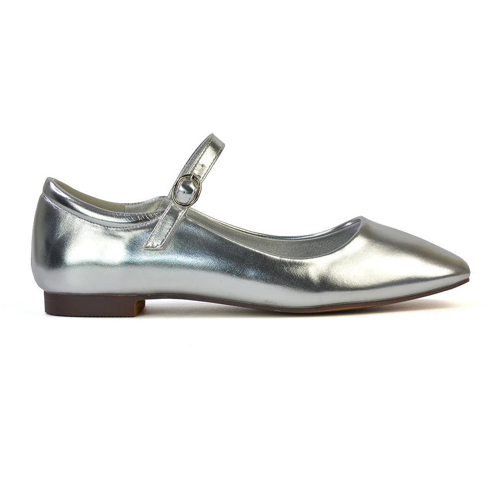 Reigan Mary Jane Square Toe Buckle Up Strappy Flats Ballerina Pumps in Silver - Image 7
