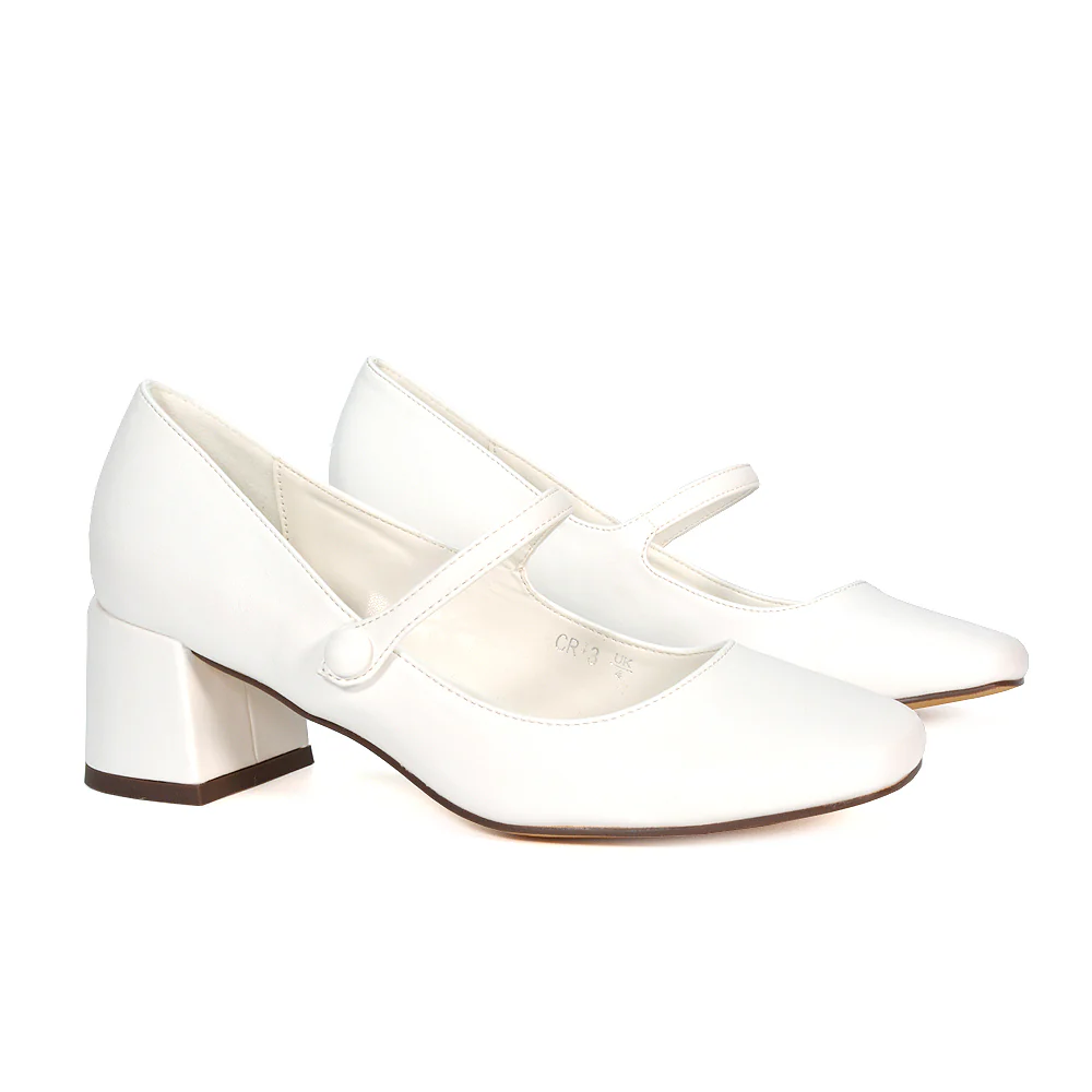 Rhea Mid Block Heel Closed Toe Mary Jane Shoes With Strap in White Synthetic Leather - Image 5