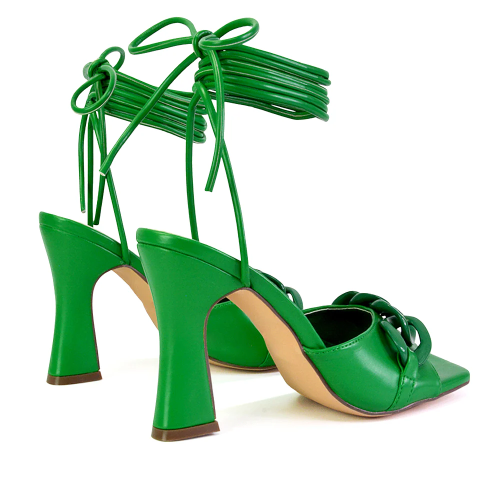 Rhegan Lace Up Chain Detail Square Toe Block High Heel Sandals in Black - Image 50