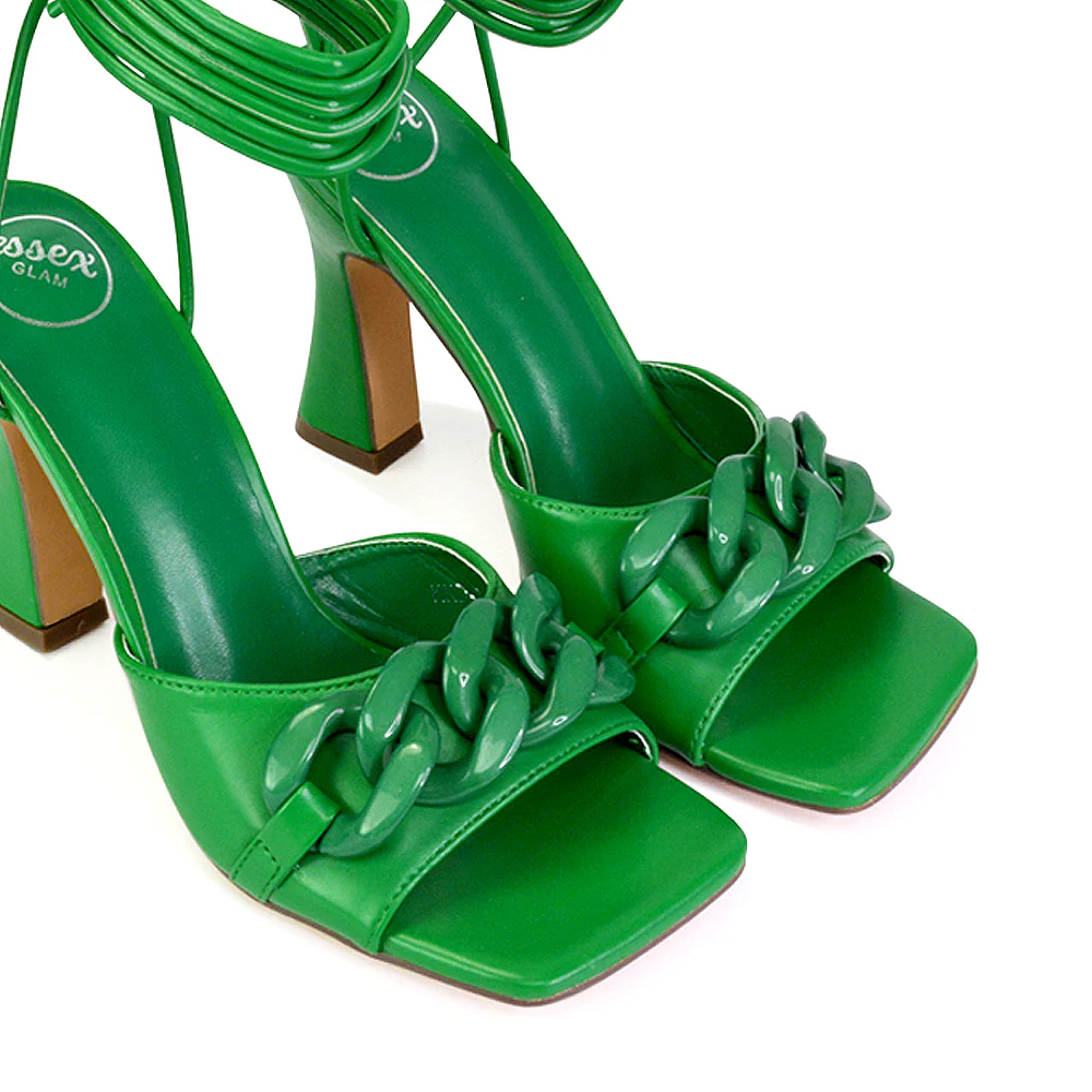 Rhegan Lace Up Chain Detail Square Toe Block High Heel Sandals in Green - Image 57