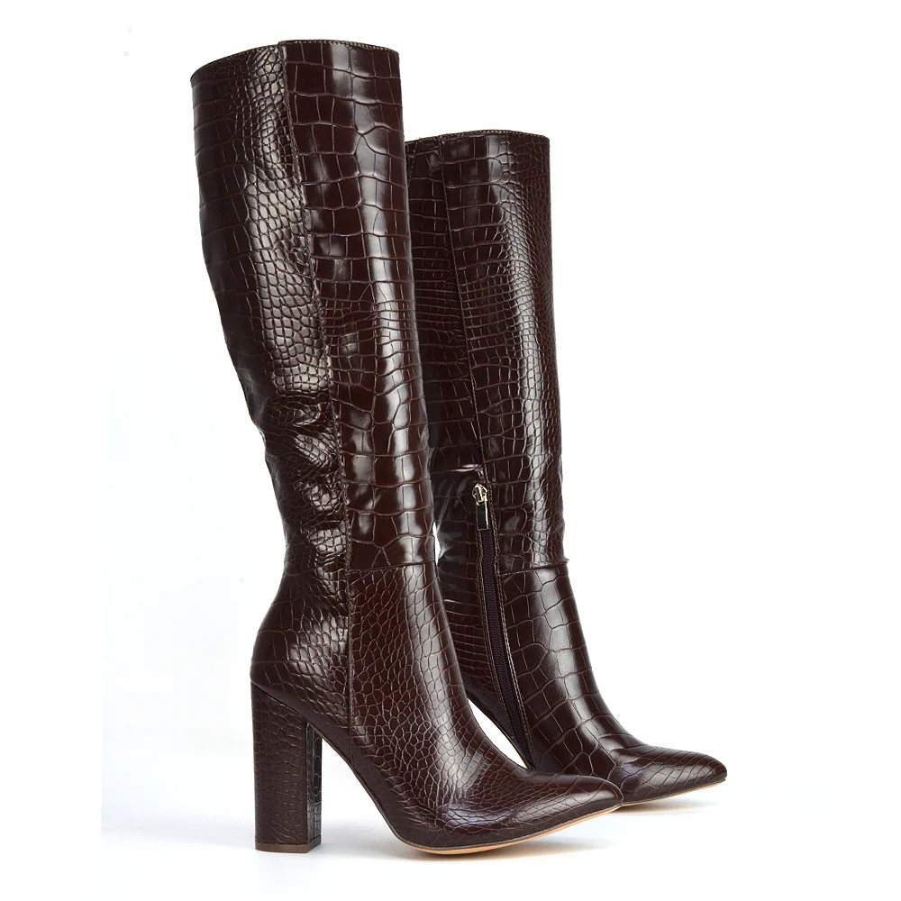 Rhode Pointed Toe Long Party Statement Zip-up Block High Heel Knee High Boots in Brown - Image 50