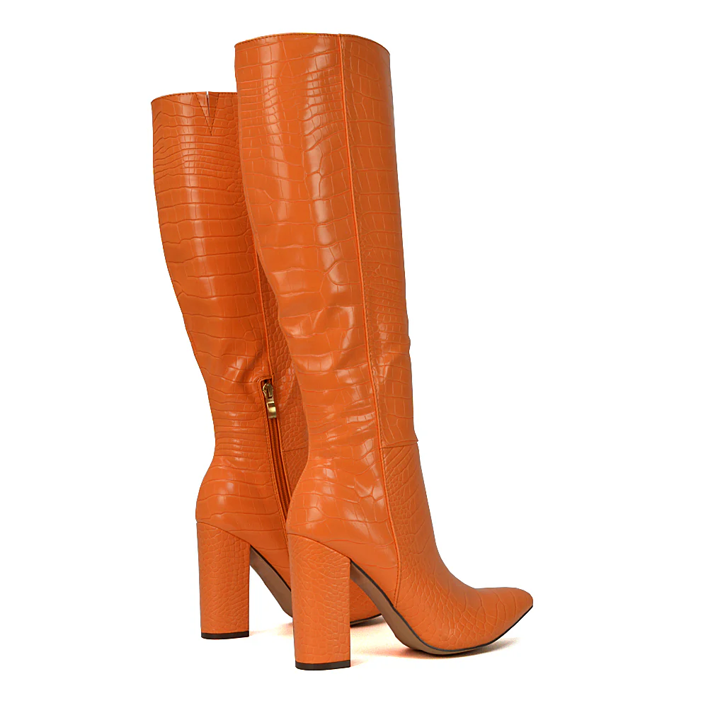Rhode Pointed Toe Long Party Statement Zip-up Block High Heel Knee High Boots in Brown - Image 76