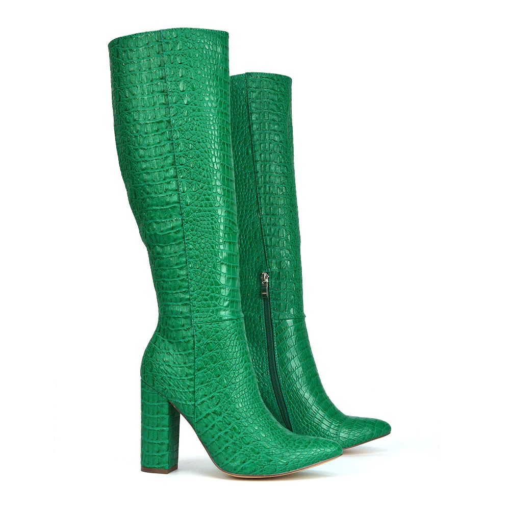 Rhode Pointed Toe Long Party Statement Zip-up Block High Heel Knee High Boots in Green - Image 21