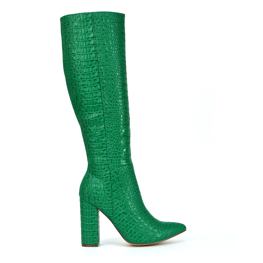 Rhode Pointed Toe Long Party Statement Zip-up Block High Heel Knee High Boots in Orange - Image 11