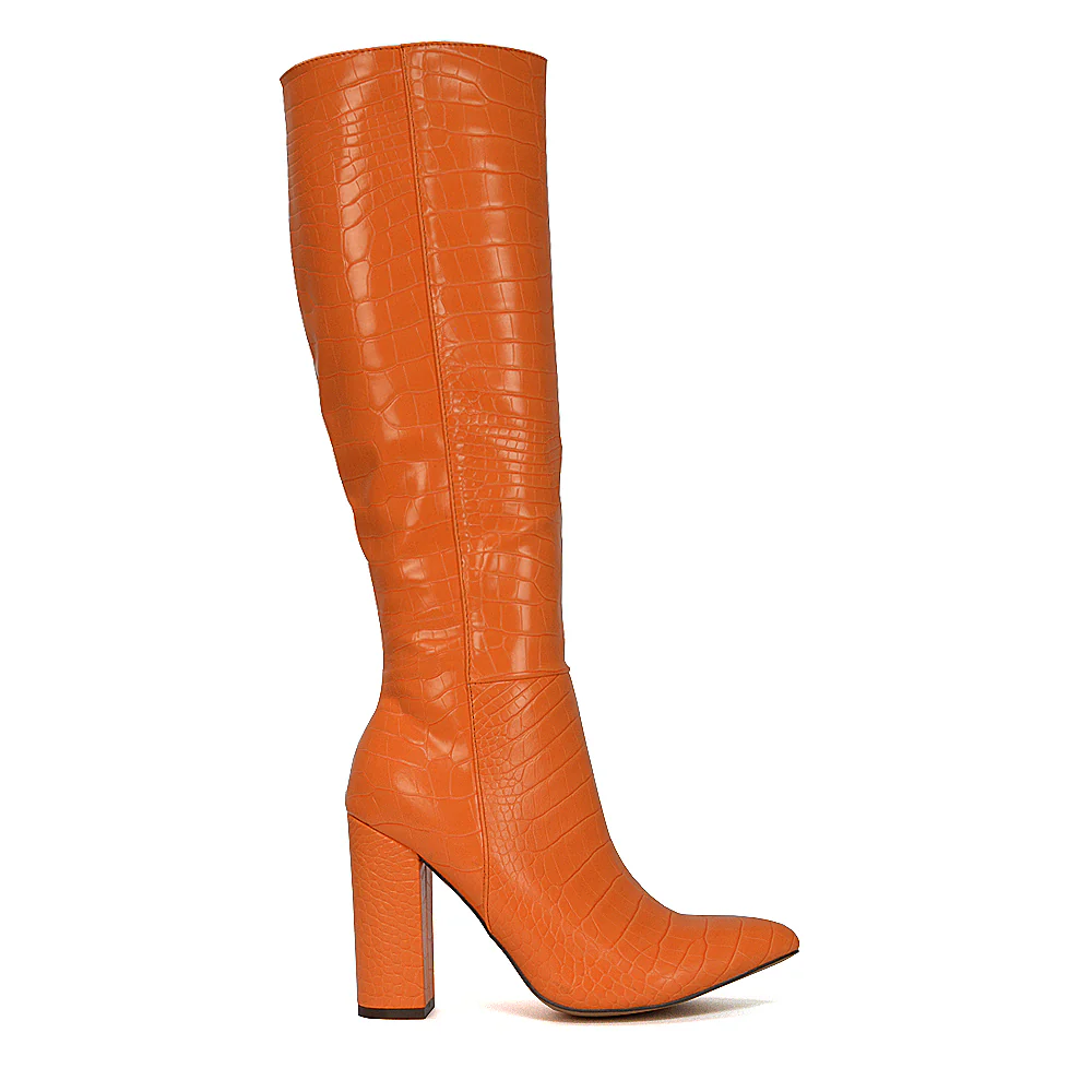Rhode Pointed Toe Long Party Statement Zip-up Block High Heel Knee High Boots in Orange - Image 59