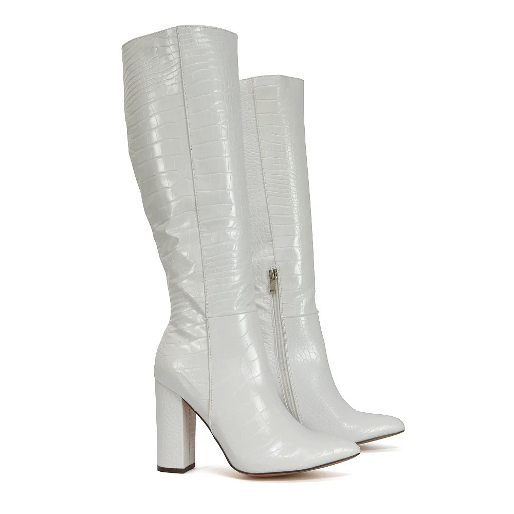 Rhode Pointed Toe Long Party Statement Zip-up Block High Heel Knee High Boots in White - Image 34
