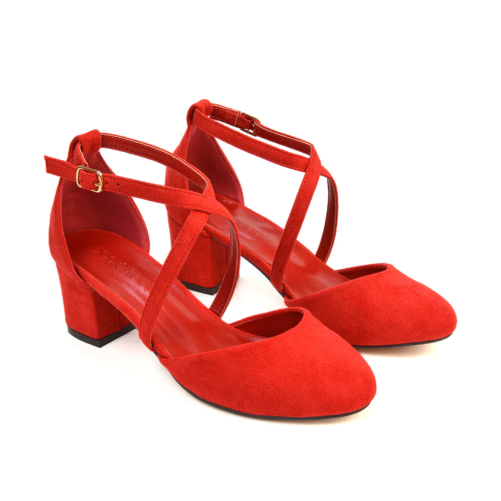 Riana Closed Toe Mid Block Heel Sandal Court Shoes in Black Synthetic Leather - Image 11