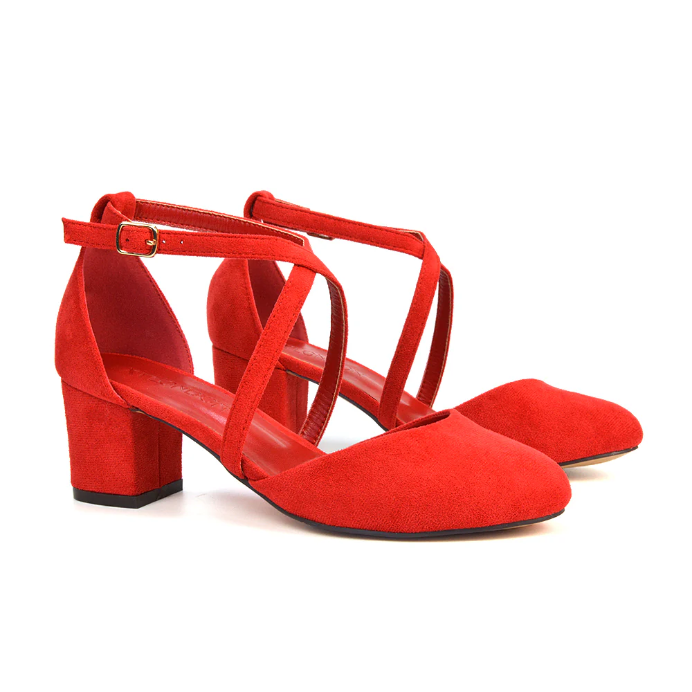 Riana Closed Toe Mid Block Heel Sandal Court Shoes in Black Synthetic Leather - Image 13